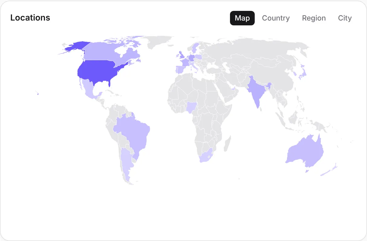 World map of visitors shaded by country.